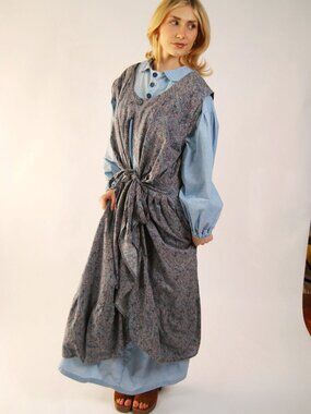 50s Layered Prairie Dress (XL) blue vintage maxi 2 piece set apron cottagecore